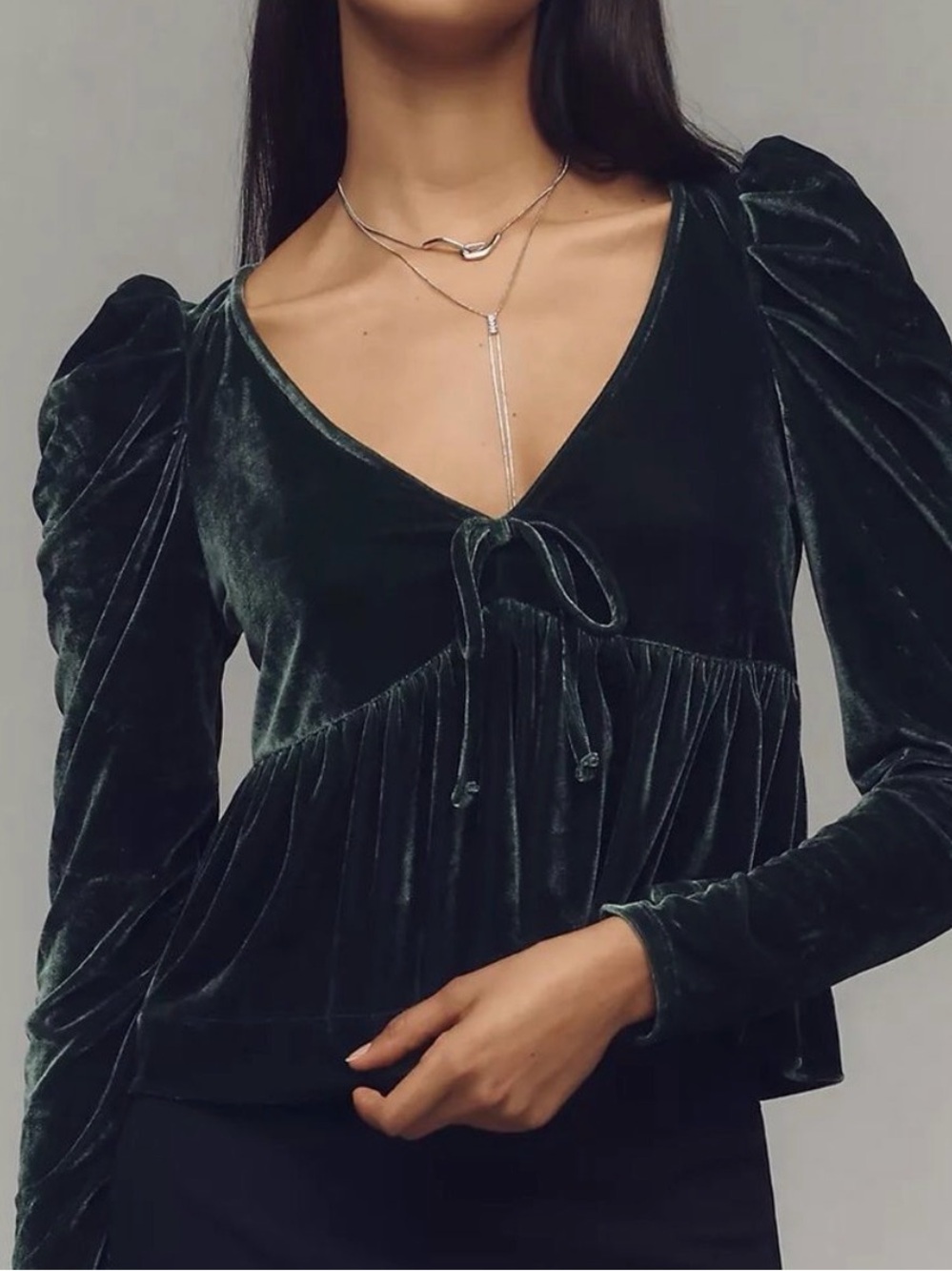 Maeve Dark Emerald Velvet Tie-Front babydoll peplum Blouse long sleeve